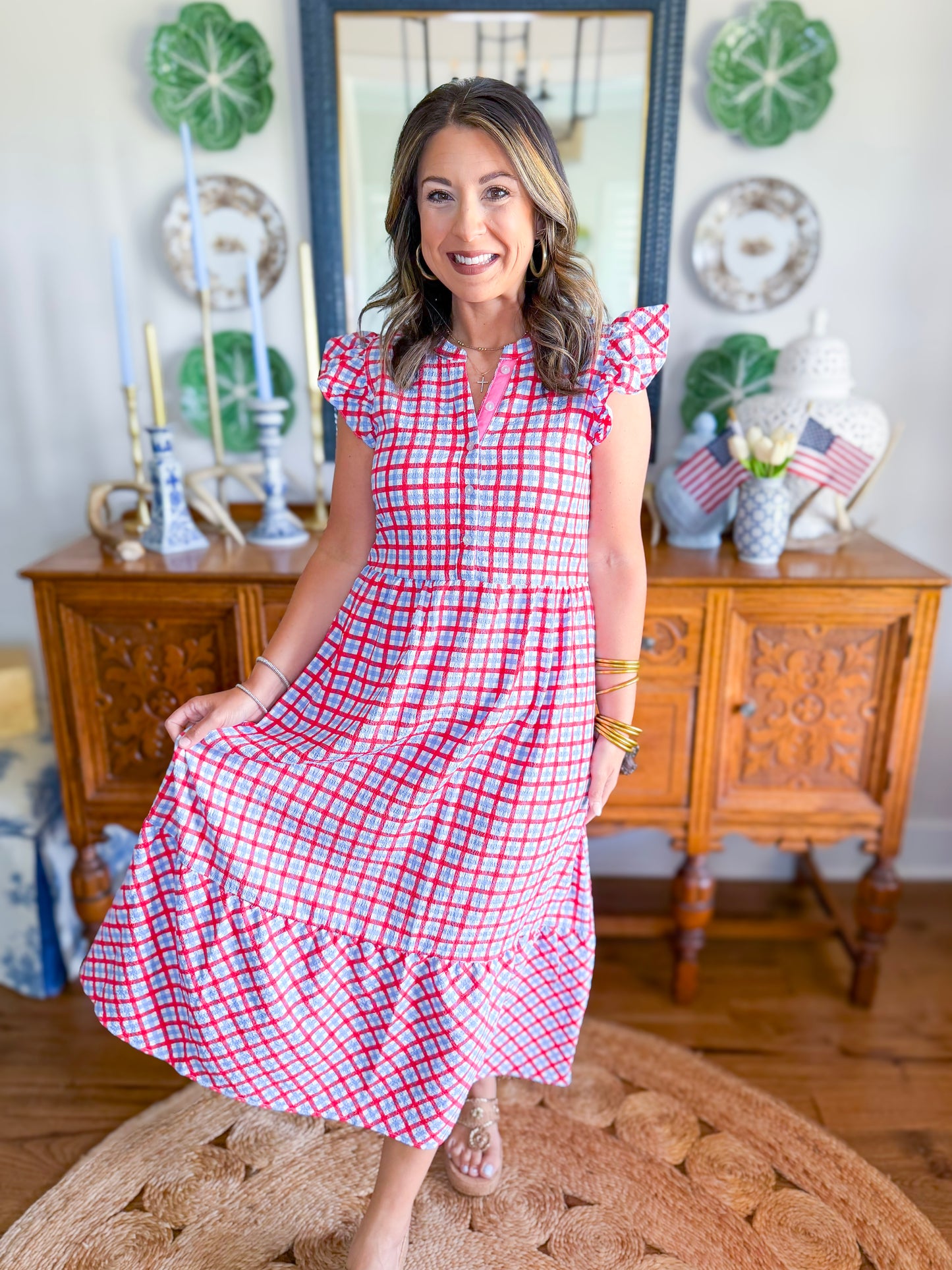 Mary Square | Riley Flutter Sleeve Dress in Red and Blue Gingham