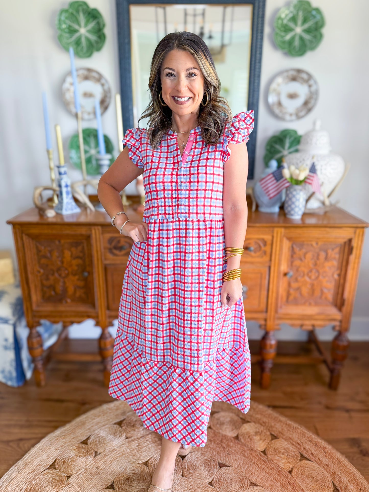 Mary Square | Riley Flutter Sleeve Dress in Red and Blue Gingham