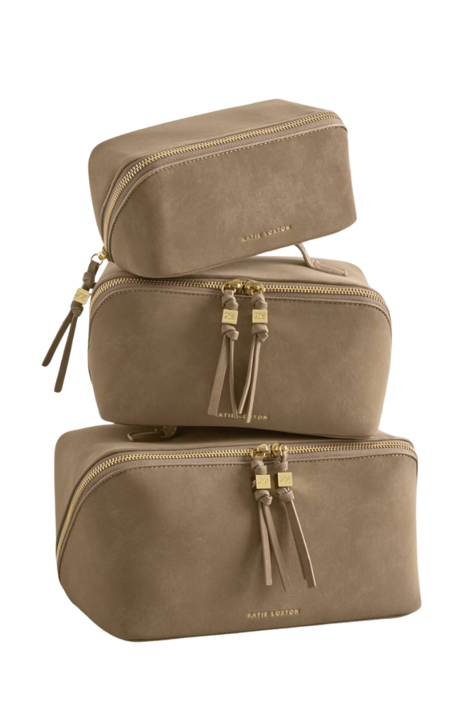 Katie Loxton | Soho Suedette Medium Makeup & Toiletry Bag in Taupe