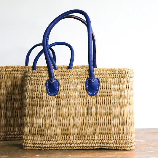 Straw Tote with Blue Handles - Large
