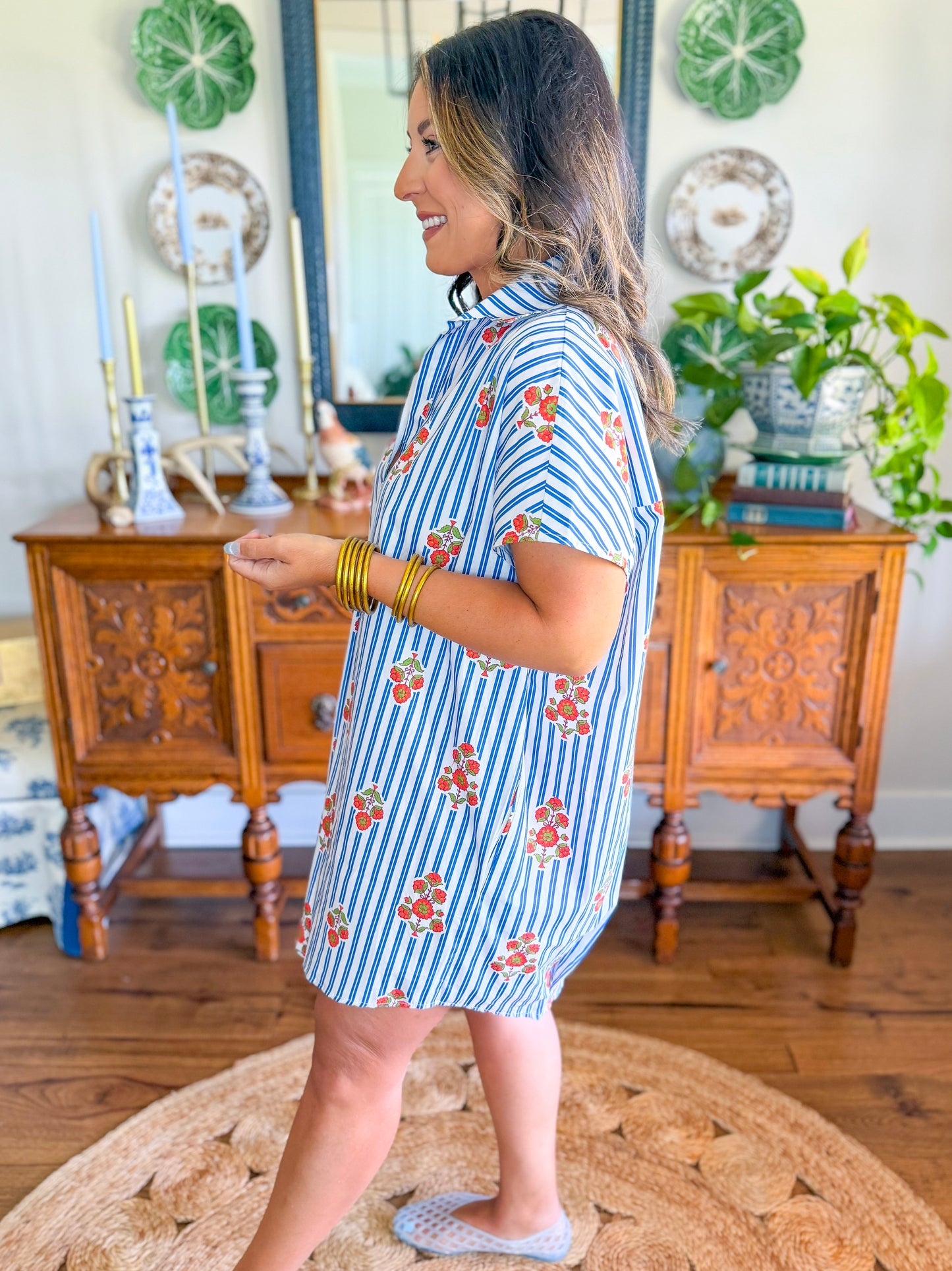 Karlie | Stripe Floral V-Neck Shirt Dress