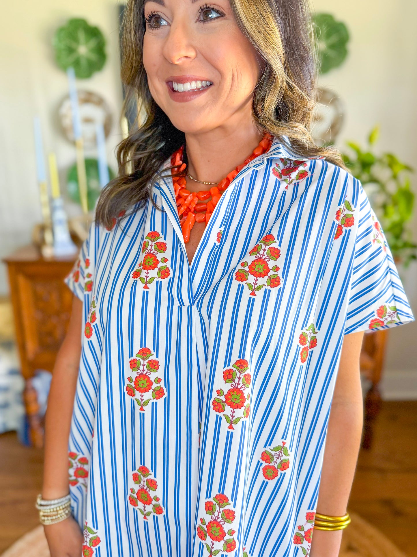 Karlie | Stripe Floral V-Neck Shirt Dress