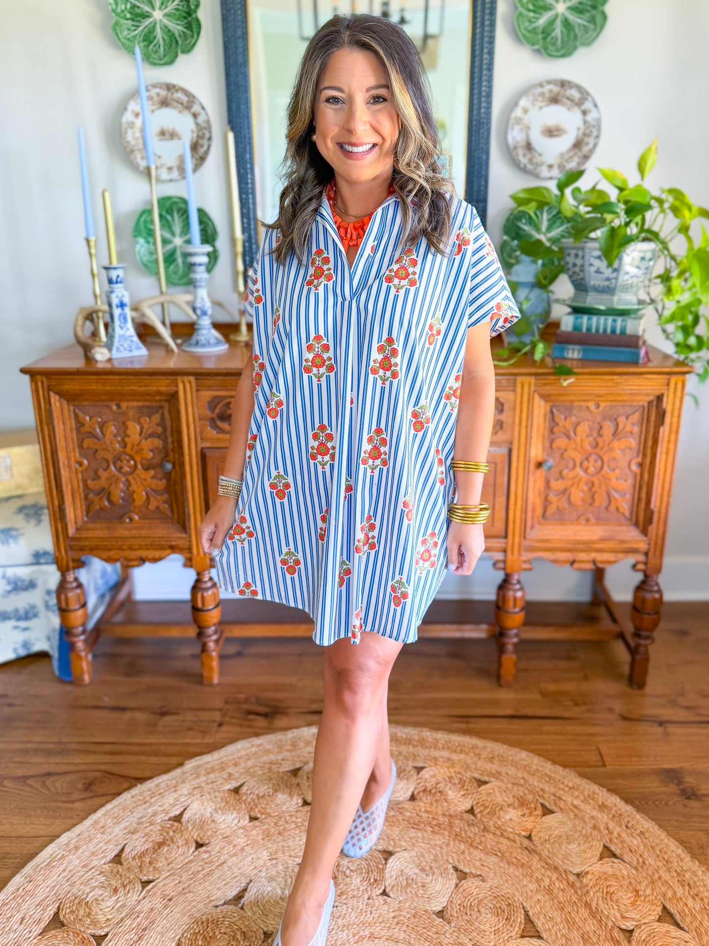 Karlie | Stripe Floral V-Neck Shirt Dress