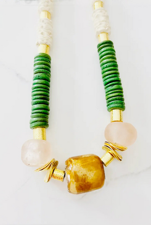 Midi Short Coconut Wood Bone Bead Recycled Glass Bead Green