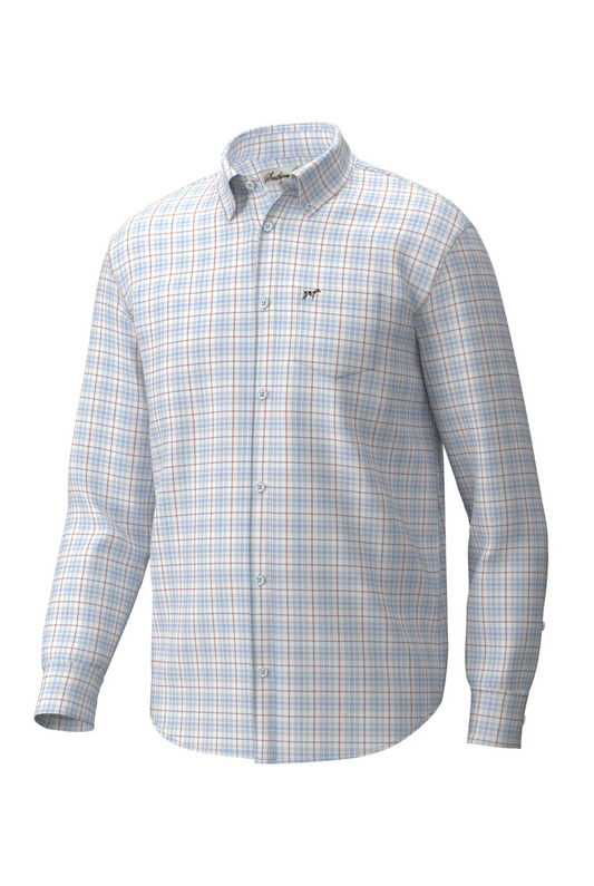 Southern Point Hadley Luxe Lite Long Sleeve Button Down in Harvey Plaid Sky & Burnt Sienna
