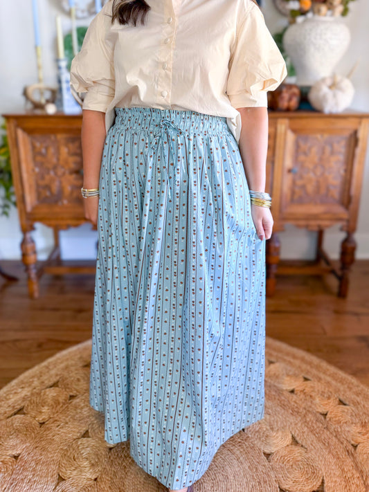 Karlie | Floral Stripe Tie Smock Waist Maxi Skirt