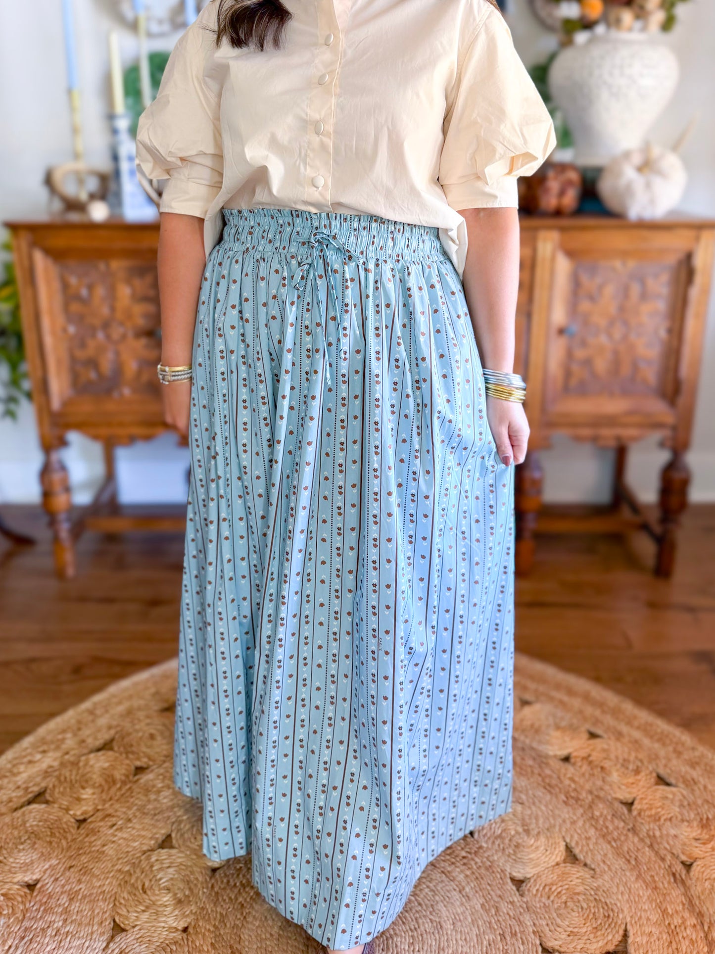 Karlie | Floral Stripe Tie Smock Waist Maxi Skirt