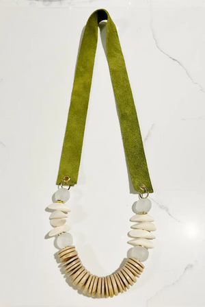 Suede Strap Necklace Bone Glass Beads Coconut Wood- Green