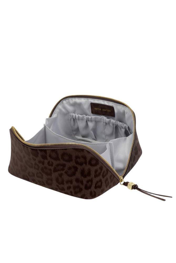Katie Loxton | Soho Suedette Medium Makeup & Toiletry Bag in Chocolate Leopard