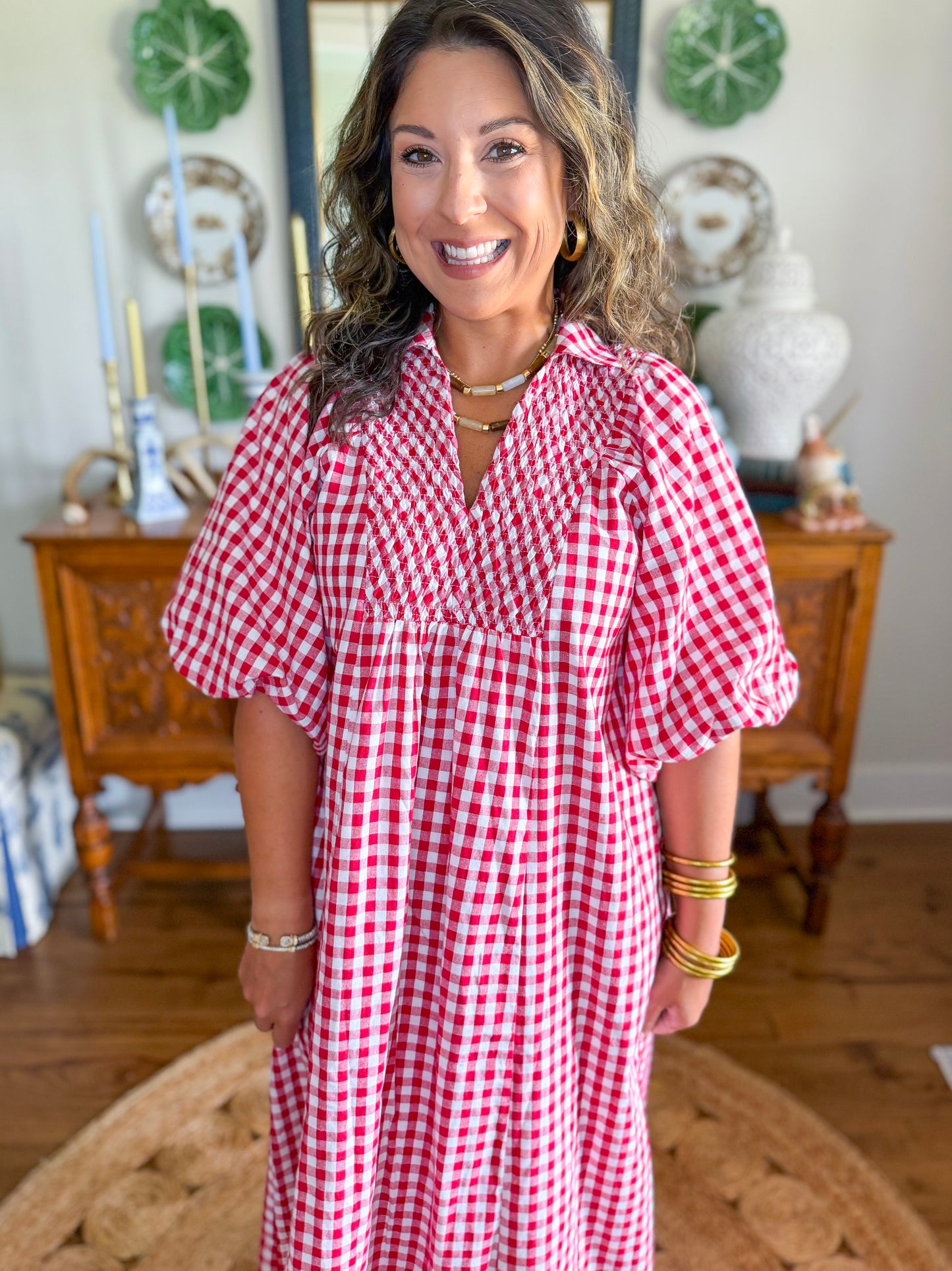 Cottage Gingham Midi Dress in Red