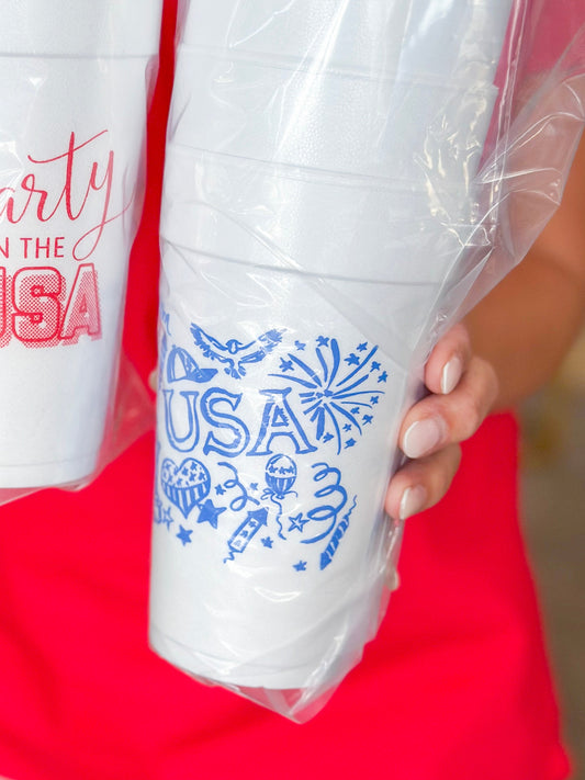 Styrofoam Cup Blue USA Toile (Set of 10)