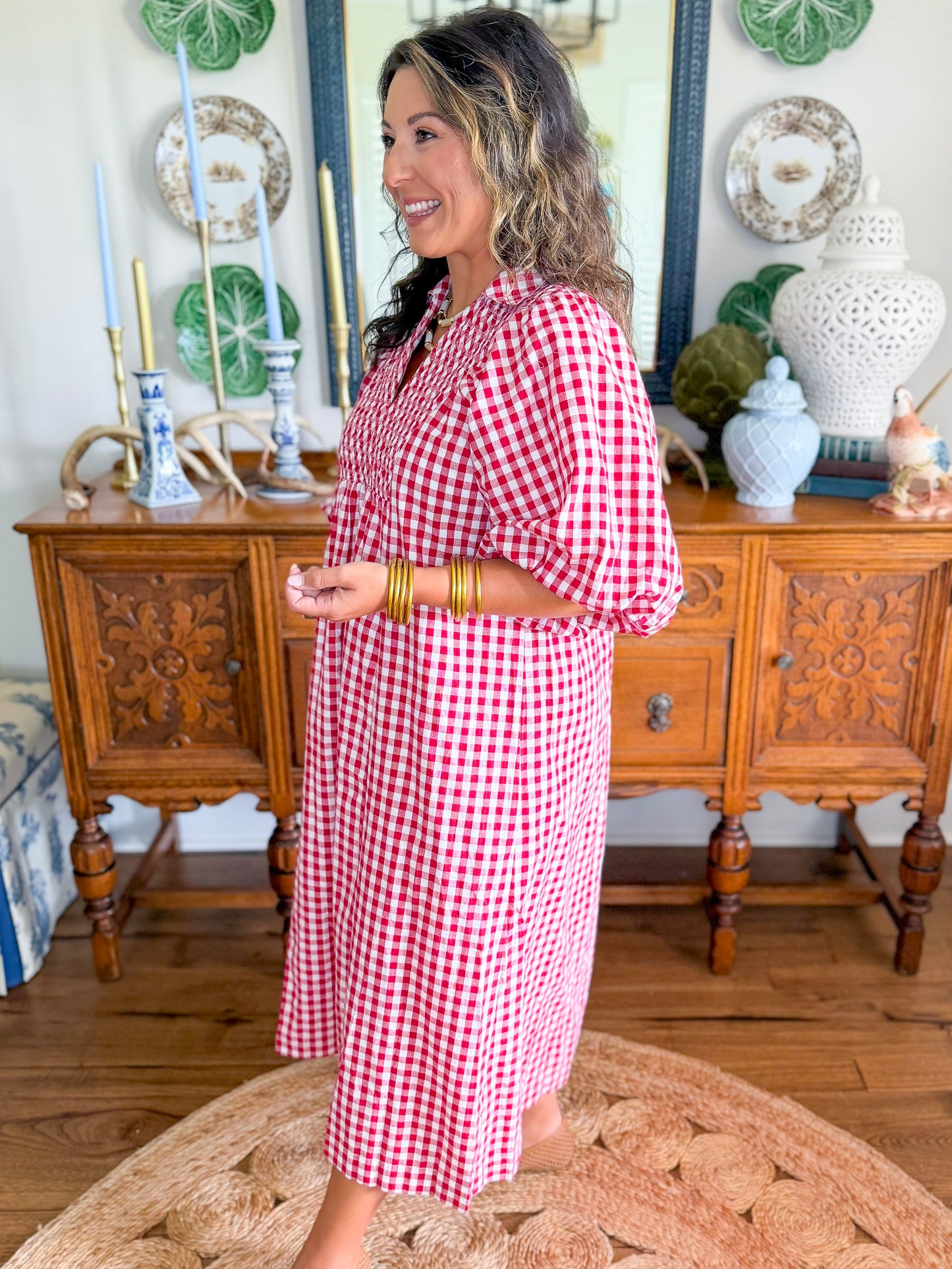 Cottage Gingham Midi Dress in Red
