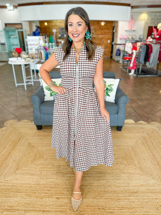 Mocha Gingham Midi Dress