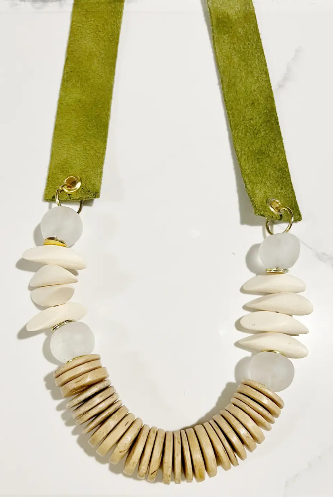 Suede Strap Necklace Bone Glass Beads Coconut Wood- Green