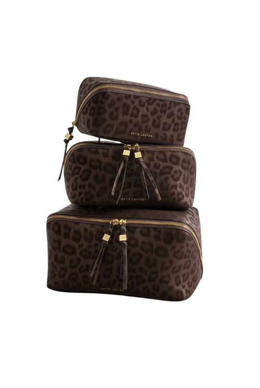 Katie Loxton | Soho Suedette Medium Makeup & Toiletry Bag in Chocolate Leopard