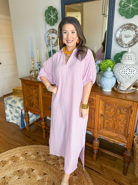 The Cleo Gingham Maxi Dress in Pink