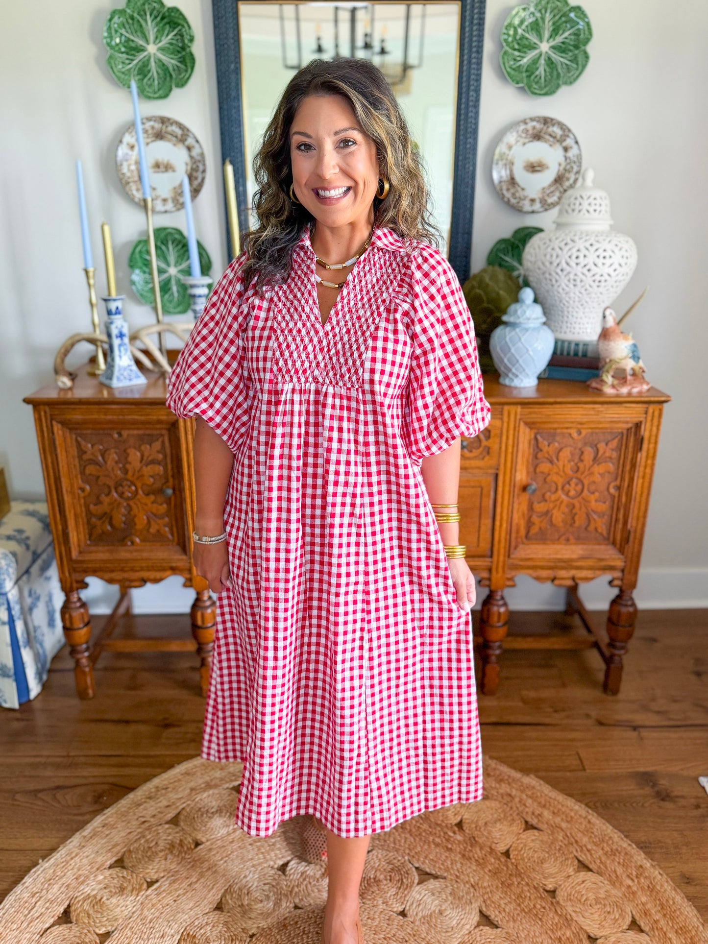 Cottage Gingham Midi Dress in Red