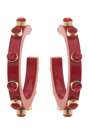 Renee Resin and Rhinestone Hoop Earrings in Red