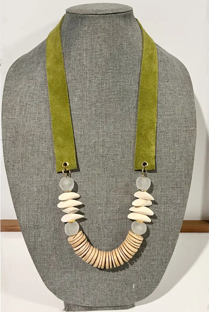 Suede Strap Necklace Bone Glass Beads Coconut Wood- Green