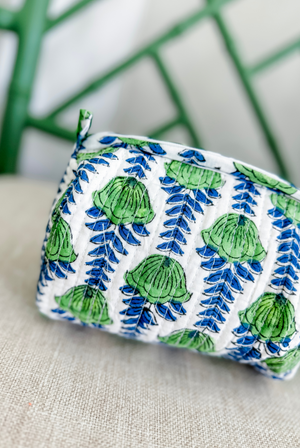 Small Green Blooms Quilted Cosmetic Bag