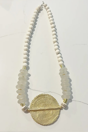 Midi Short Wood & Bone Bead Necklace White Gold Pendant