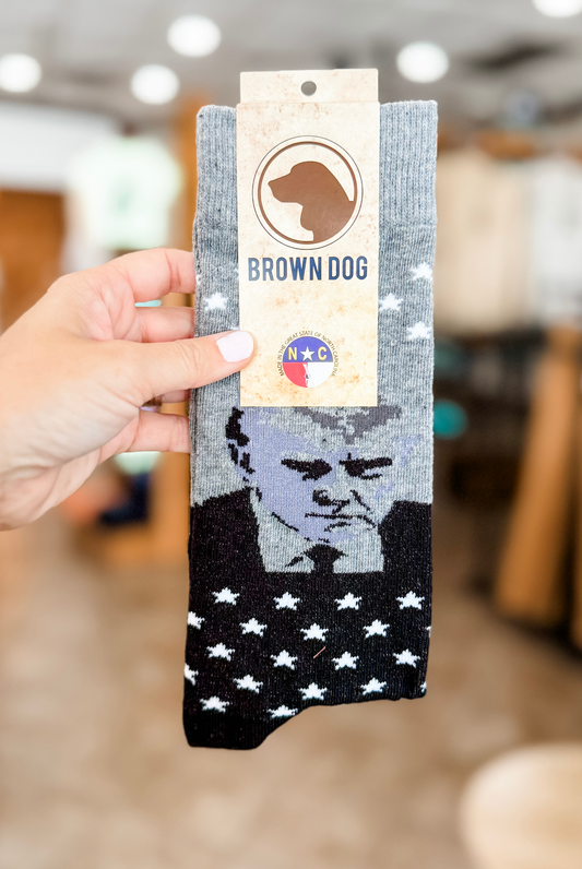 Brown Dog Trump Mugshot Socks in Light Grey