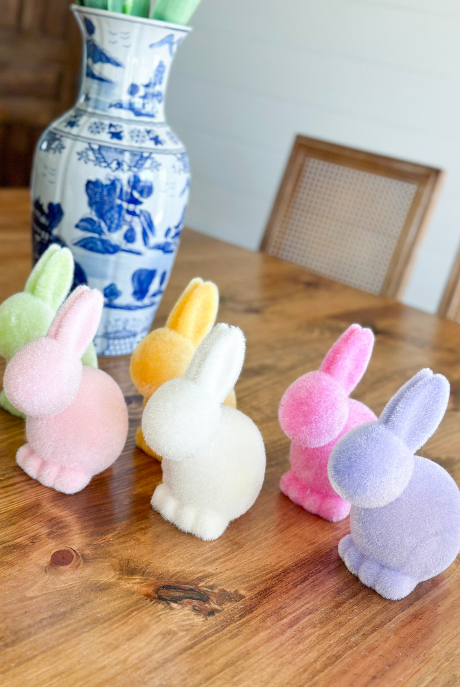 Flocked Pastel Seated Bunny With Pom Pom Tail