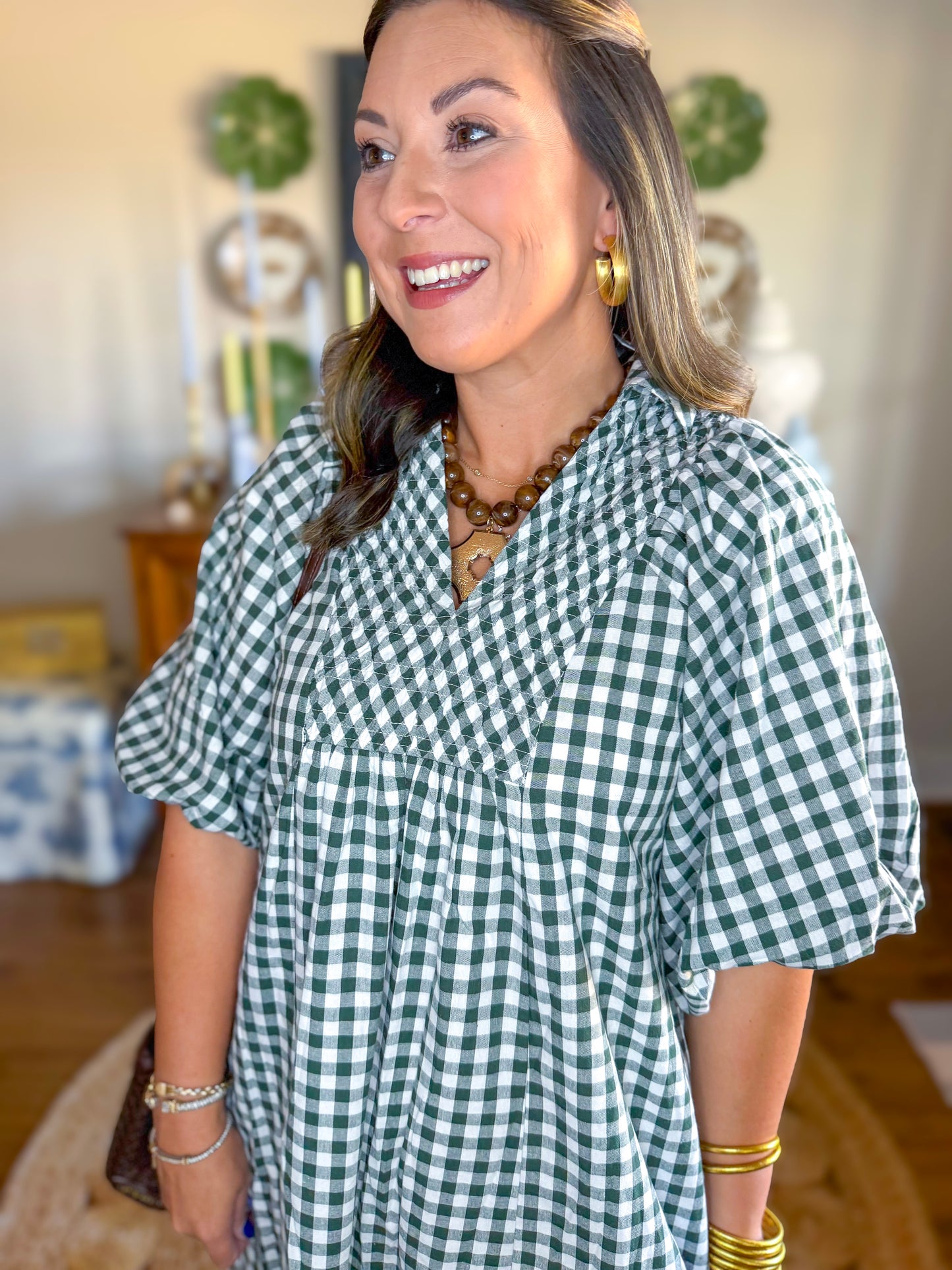 Cottage Gingham Midi Dress in Hunter Green