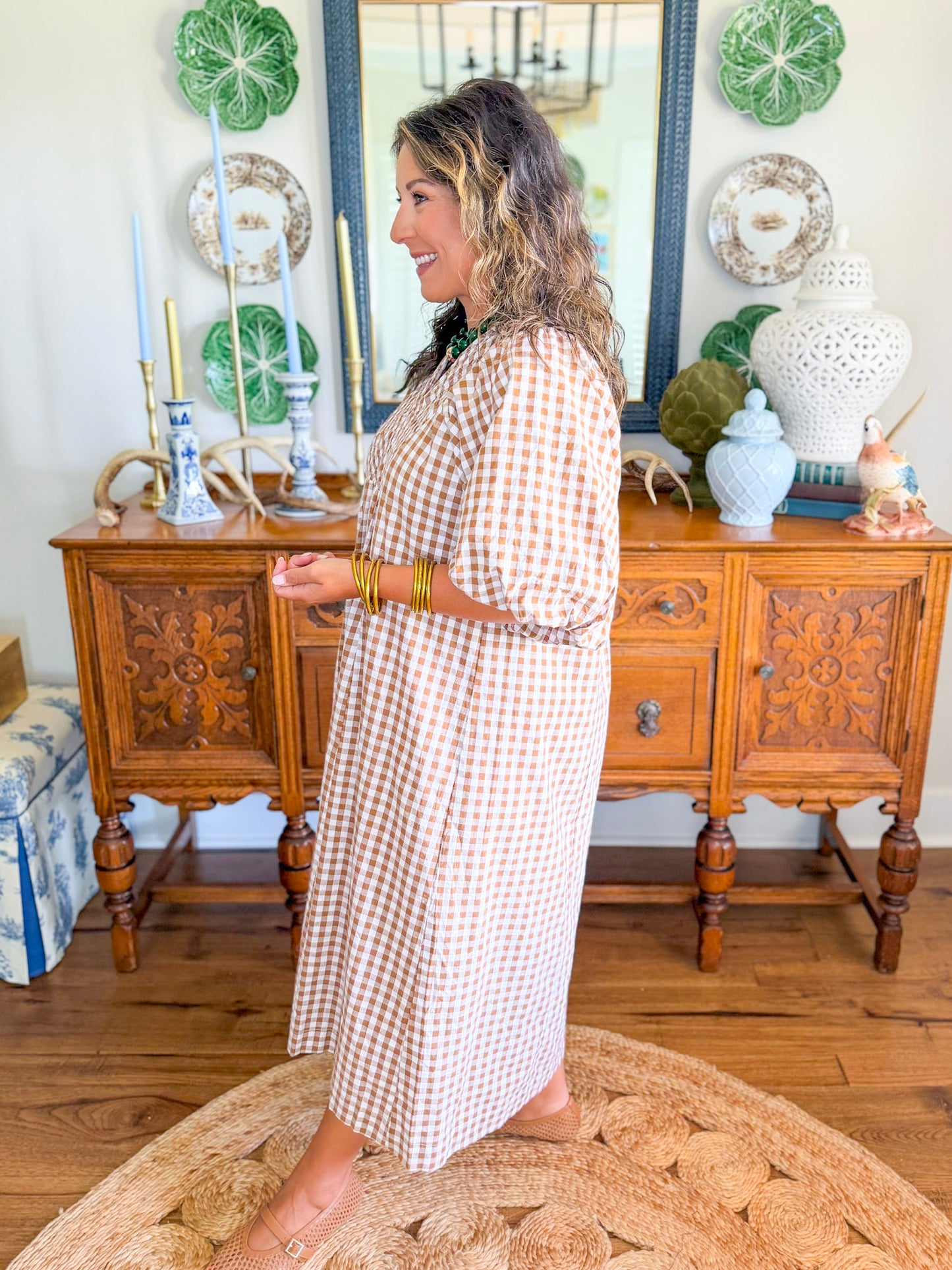 Cottage Gingham Midi Dress in Brown