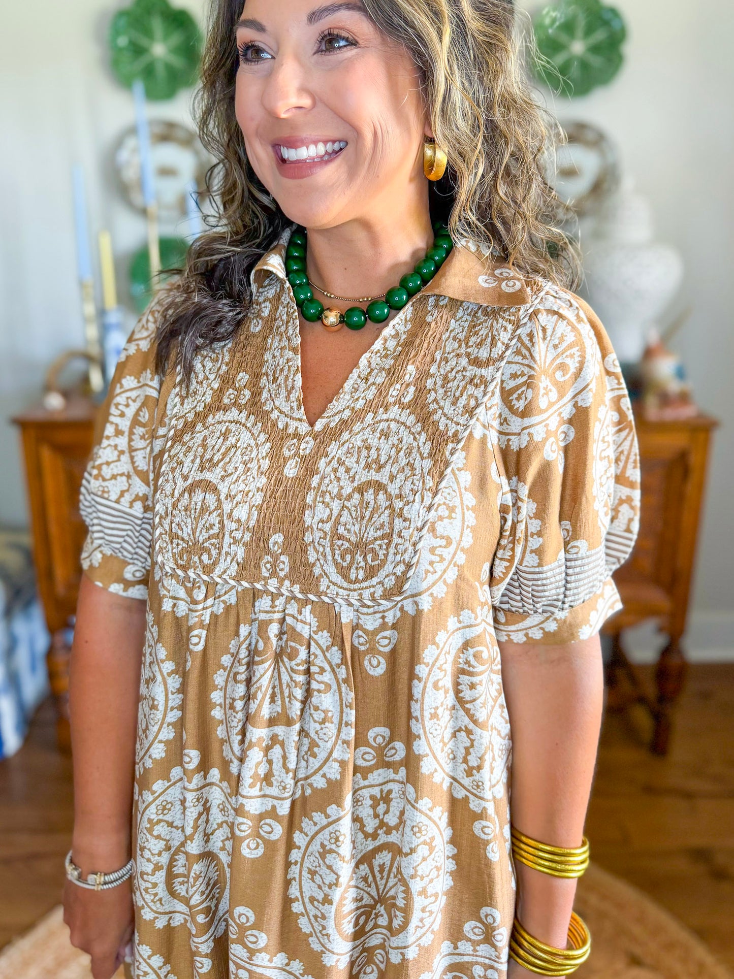 The Windsor Medallion Dress in Caramel