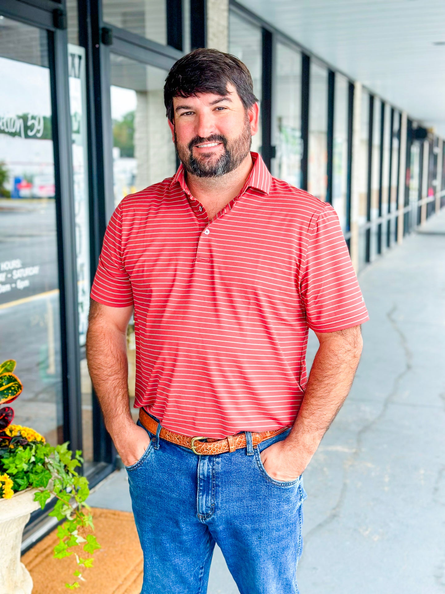 Southern Point Horizon Stripe Performance Polo in Chili Oil/Laurel Oak