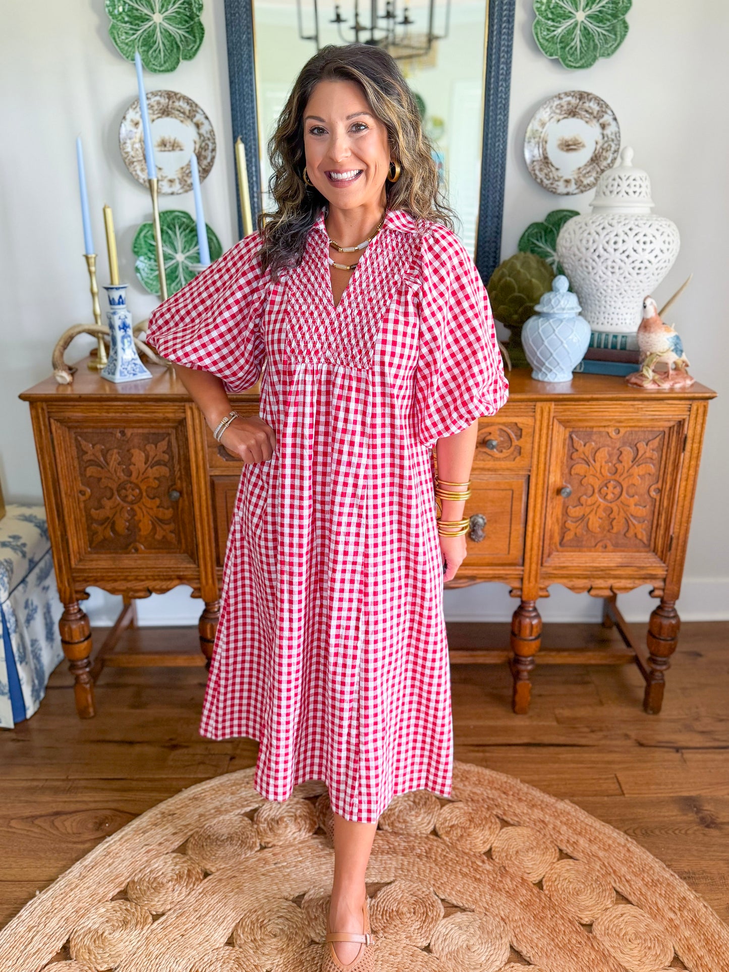 Cottage Gingham Midi Dress in Red