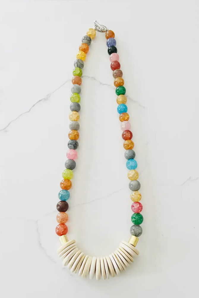 Short Gemstone Agate Bead Necklace Coconut Wood Multicolored