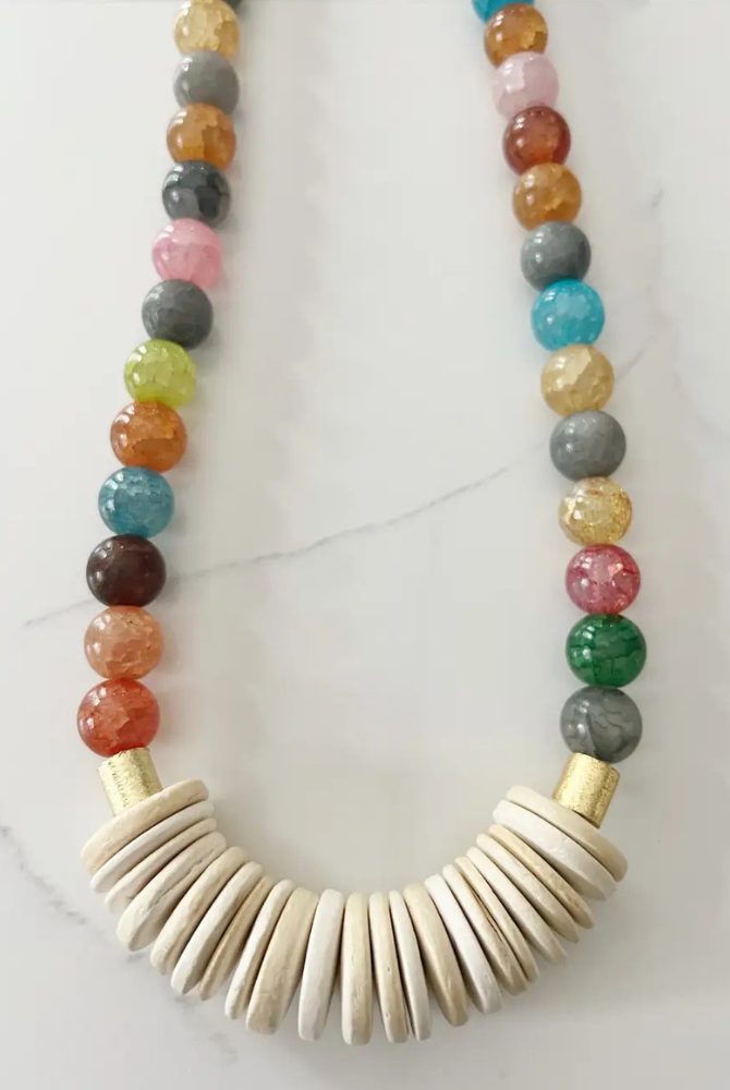 Short Gemstone Agate Bead Necklace Coconut Wood Multicolored