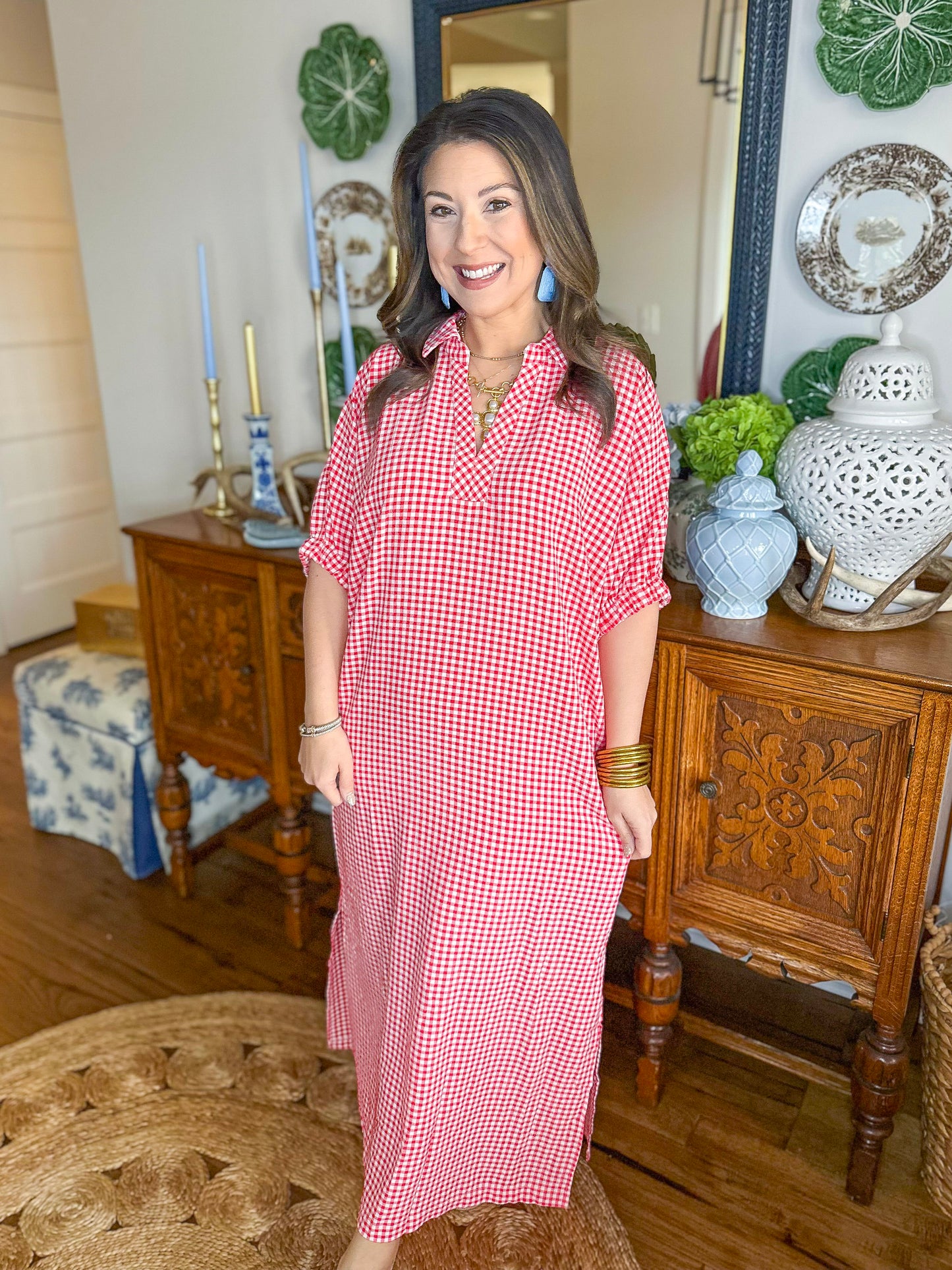 The Cleo Gingham Maxi Dress in Red