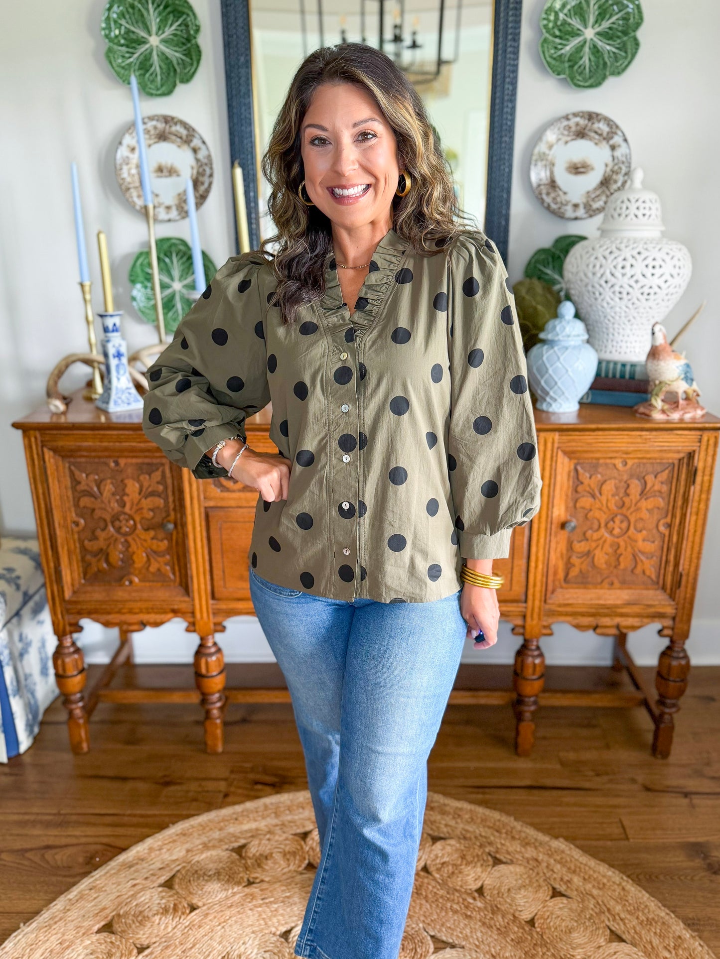 The Penelope Poka Dot Top in Olive