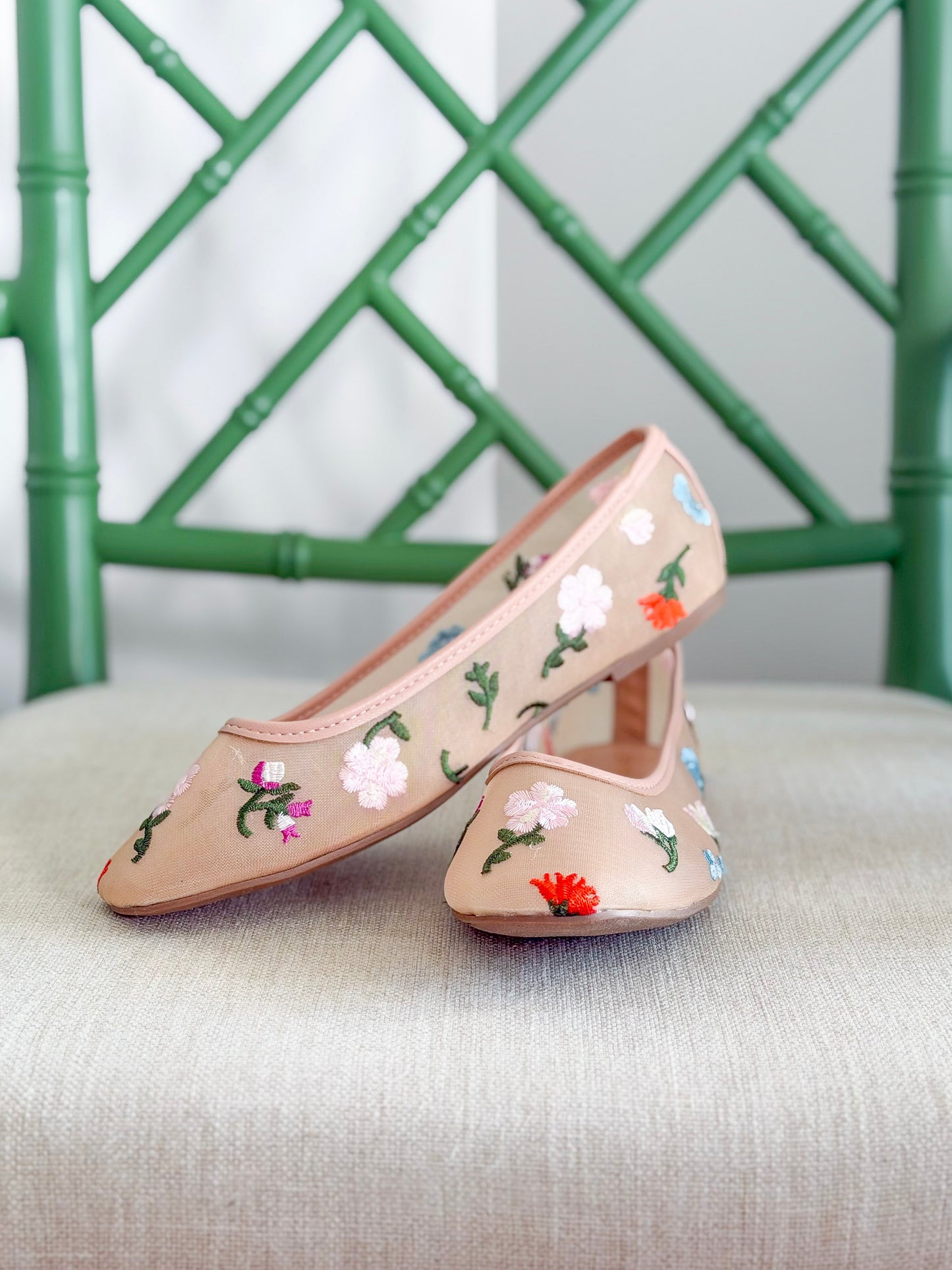 Floral Mesh Embroidered Ballet Flats