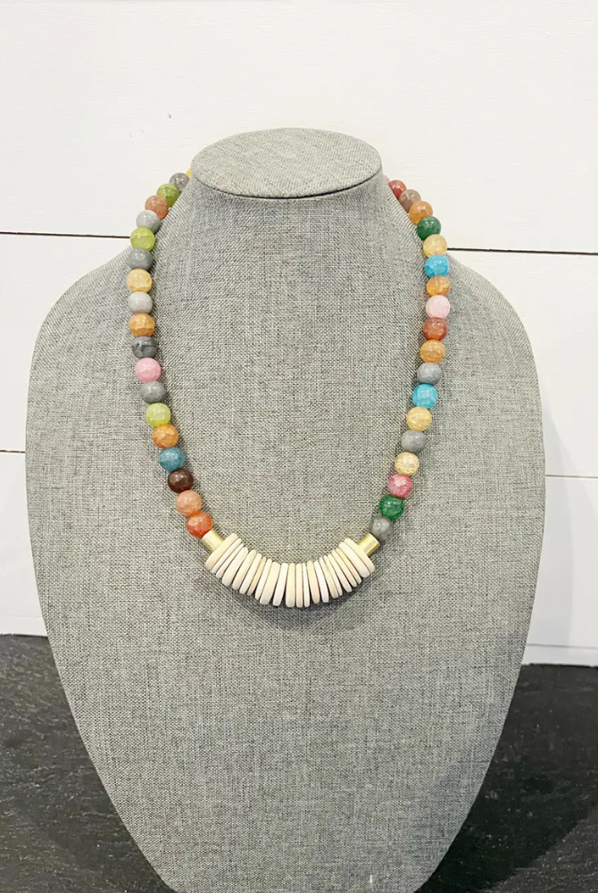 Short Gemstone Agate Bead Necklace Coconut Wood Multicolored