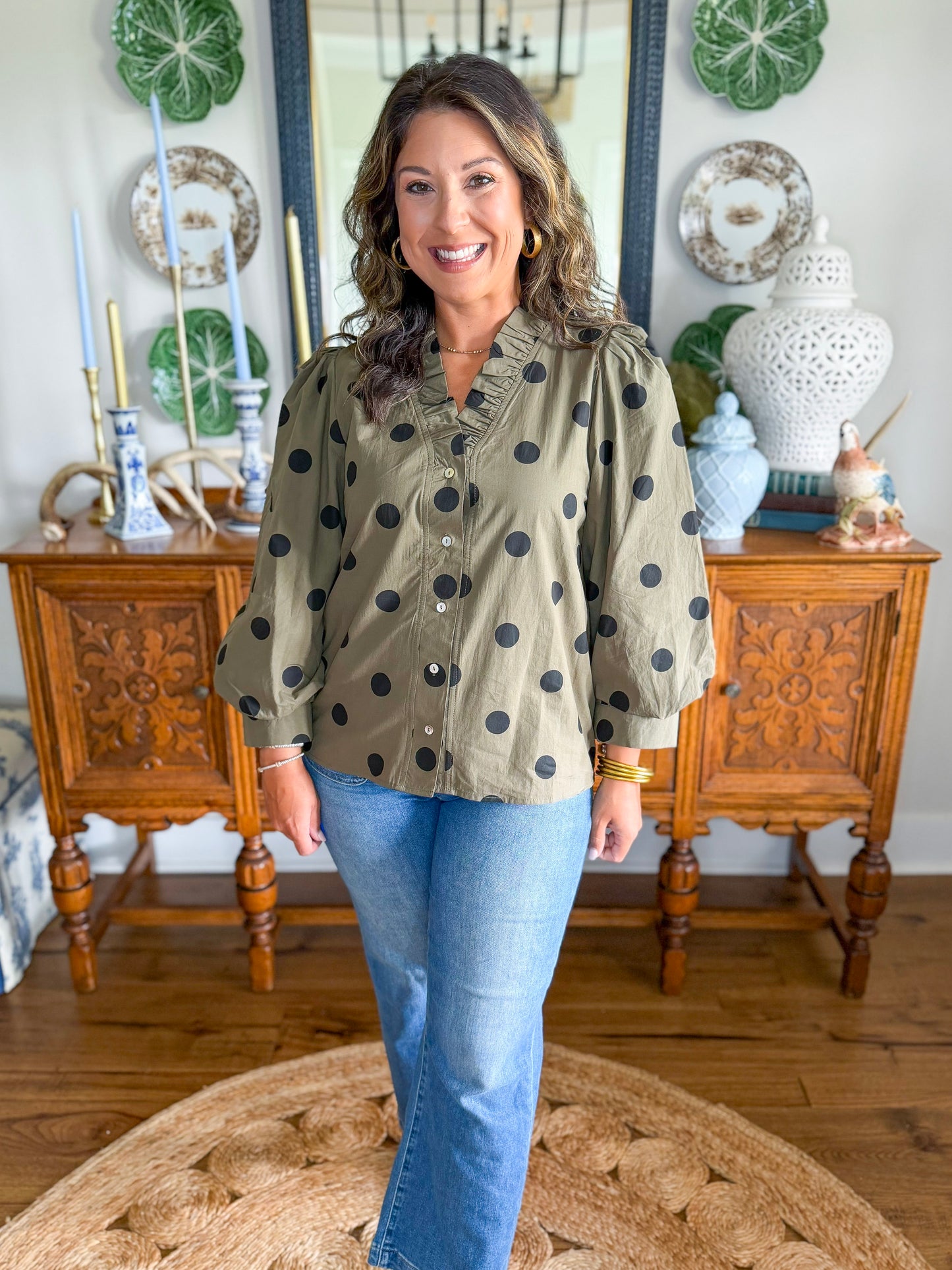 The Penelope Poka Dot Top in Olive