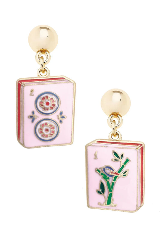 Mahjong Tile Enamel Earrings in Light Pink