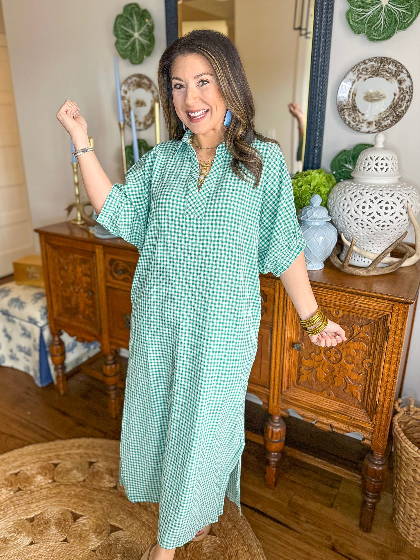 The Cleo Gingham Maxi Dress in Green