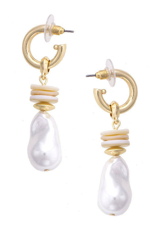 Leandra Pearl Shell Drop Hoop Earrings in Natural