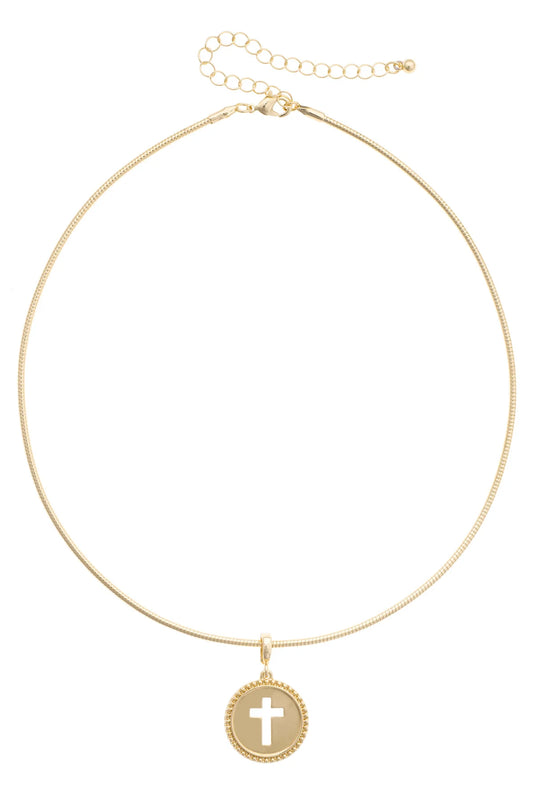 Cross Coin Skinny Collar Necklace in Shiny Gold