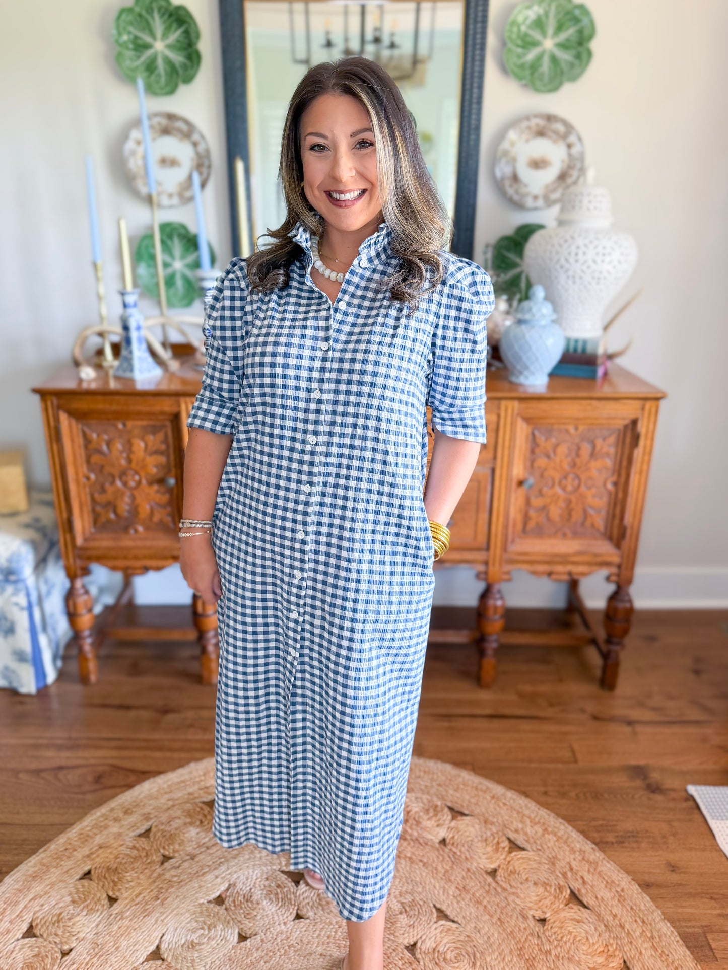 Adrienne | Nina Midi Dress in Navy Seersucker