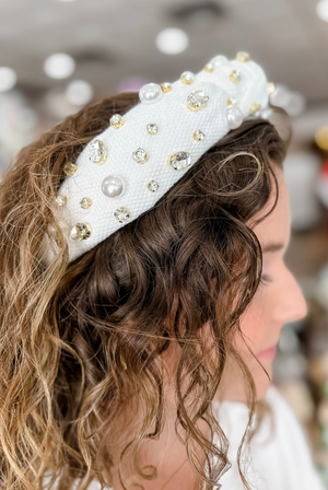 Brianna Cannon White Twill Headband with Large Pearls and Crystals