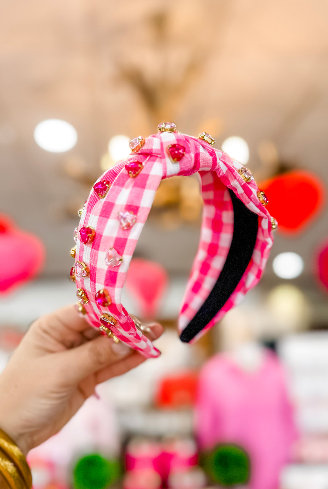 Pink Heart & Checked Pattern Headband