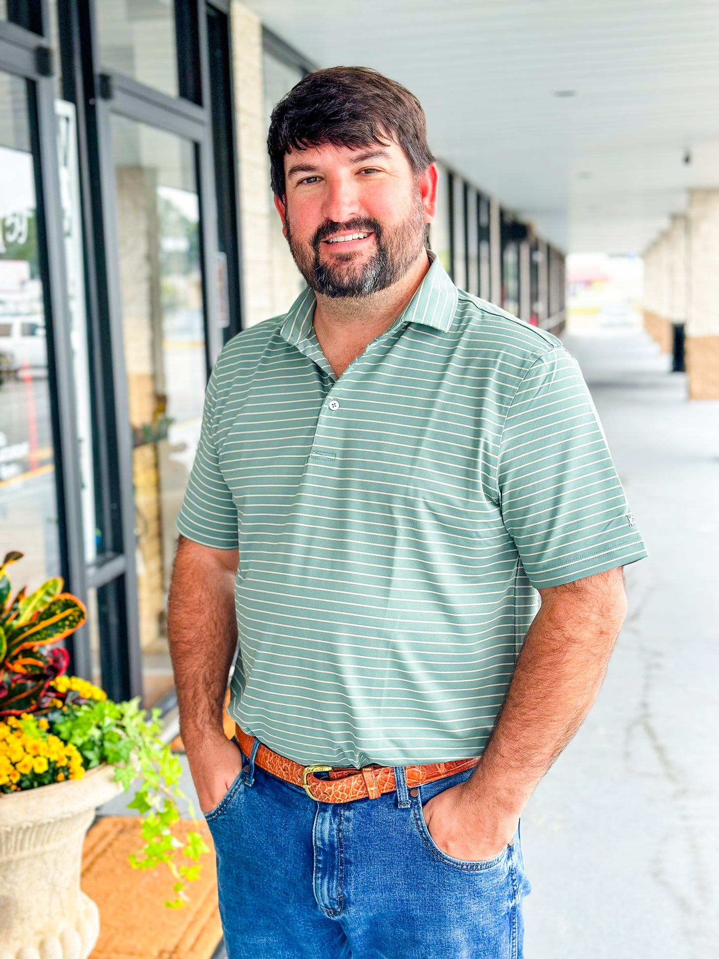 Southern Point Horizon Stripe Performance Polo in Duck Green/Sandstone