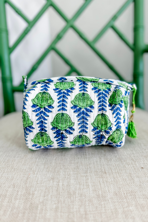 Small Green Blooms Quilted Cosmetic Bag