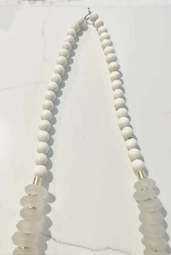 Midi Short Wood & Bone Bead Necklace White Gold Pendant