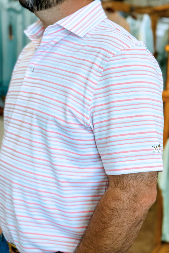 Southern Point Valley Stripe Performance Polo in Flamingo/Grey